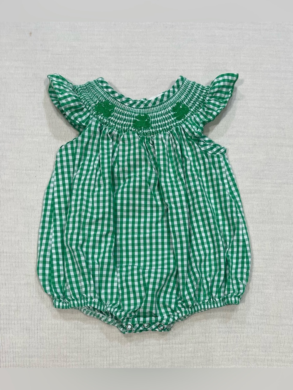 Marie Nicole Clothing St Patrick's Day Shamrock Gingham Smocked Romper 6-12M